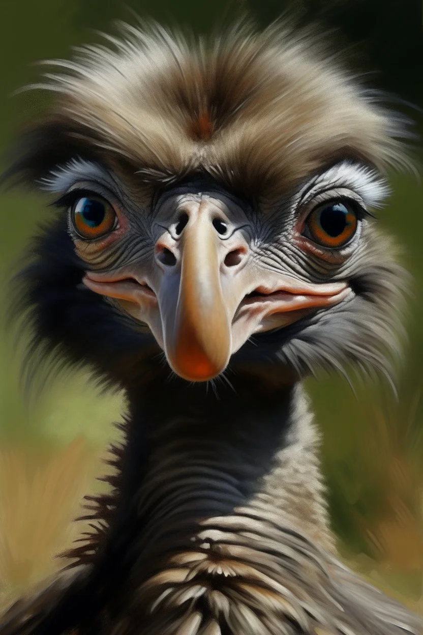 An oil painting of a very beautiful ostrich with wide eyes Photorealistic