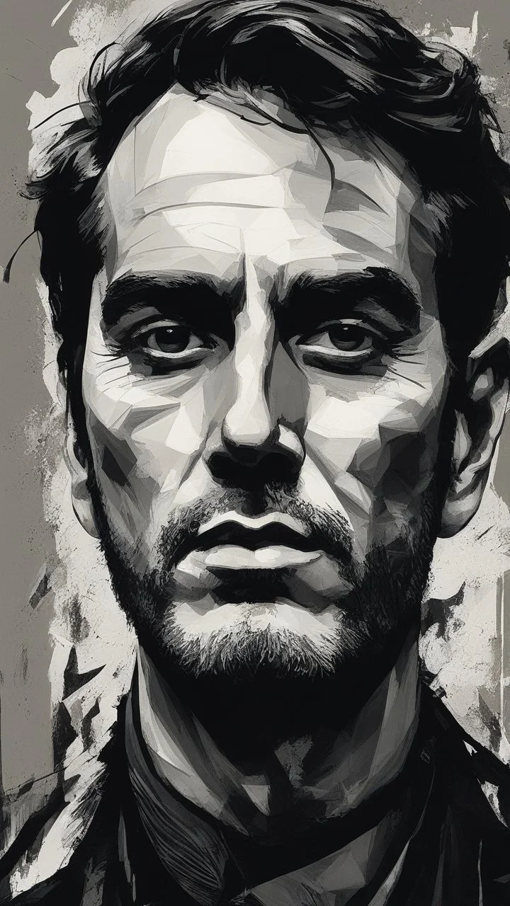 chiaroscuro portrait illustration of Charly chaplain in the style of threadbare abstract expressionism, ebony , black, and pewter , vintage abstract cut-and-paste, ricoh gr iii, editorial illustrations, fine lines, highly detailed hair and facial features