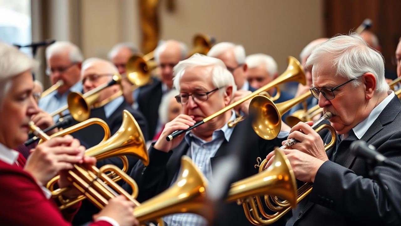 Elderly pensioners playing brass instruments in an orchestra. Photographic quality and detail, award-winning image, beautiful composition.