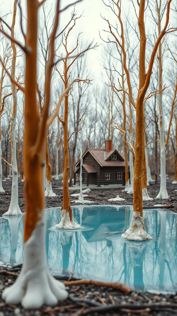 A melting plastic trees in the wood with melting house by a dry lake
