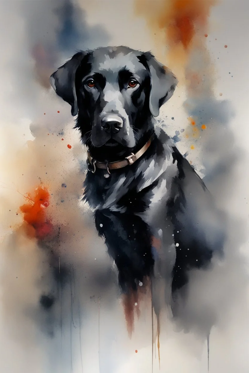 A portrait of black Labrador by Willem Haenraets, watercolor, wet on wet and splattering techniques, centered, perfect composition, abstraction, surrealism