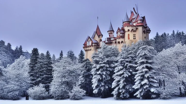 large castle in the snowy mountains