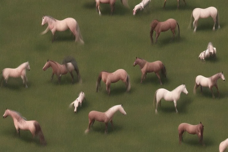 illustration horses of different colors in a field from afar