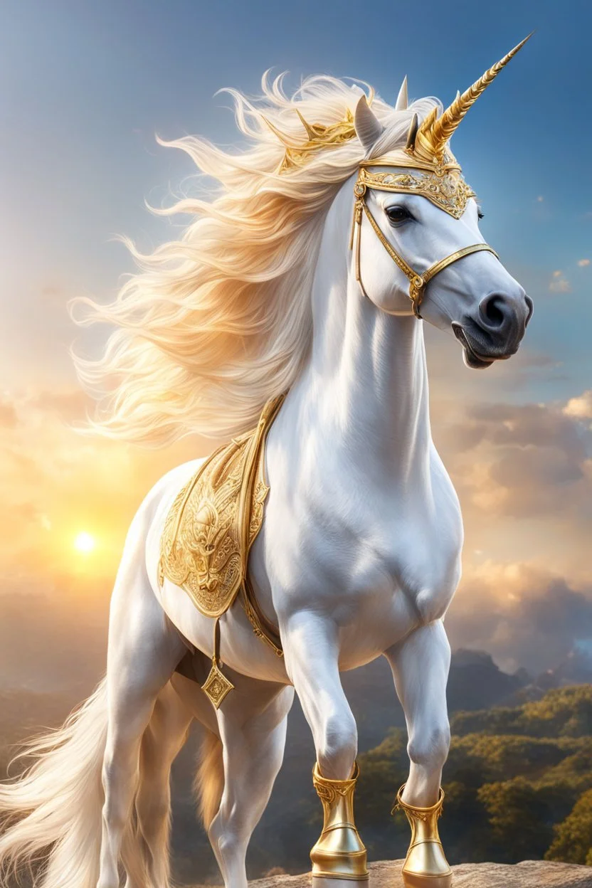 A hyper-realistic photo, magic unicorn with a golden crown on top of it ,Sun Light, Shiny Simple White Costumei,, full portrait, glamorous, 64K, hyperrealistic, vivid colors, , 4K ultra detail, , real photo, Realistic Elements, Captured In Infinite Ultra-High-Definition Image Quality And Rendering, Hyperrealism, real world, in real life, realism, HD Quality, 8k resolution, , real photo, 8 k