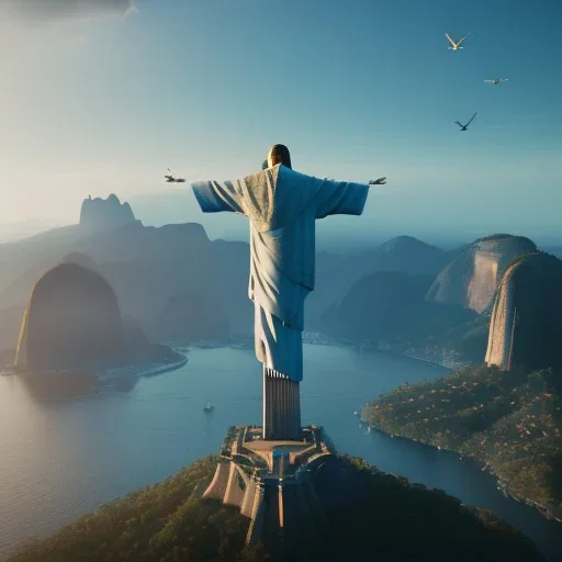 Christ the Redeemer, flying birds, unreal engine 5, cinematic lighting, photorealistic, realistic, hyper detailed, 8k, octane render, cinema 4d