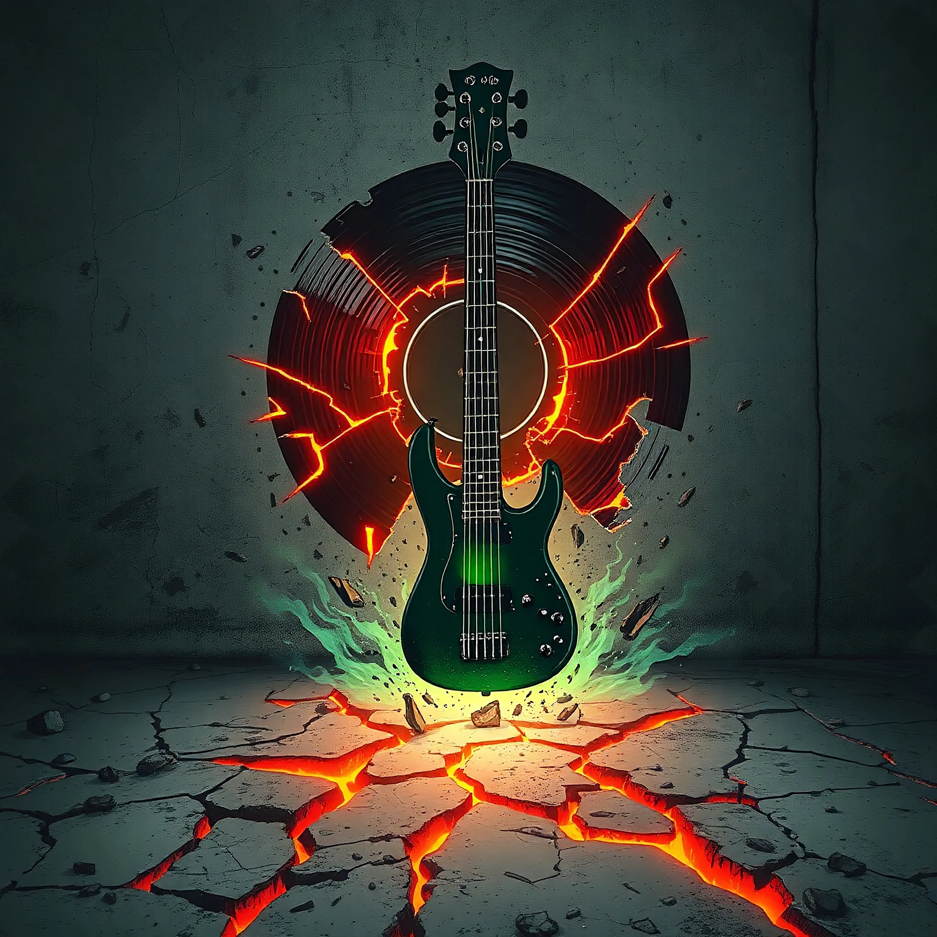 comic, concept art: cracked concrete floor with glowing orange-red lava cracks forming a defiant rising human silhouette, gritty urban decay, dark ruined warehouse background, cinematic lighting, high contrast, A shattered vinyl record suspended mid-explosion against a grimy concrete wall, its jagged fragments frozen like debris in zero gravity. Amid the chaos, a distorted bass guitar neck pierces through the center hole, strings vibrating with visible sound waves that bleed neon green static.