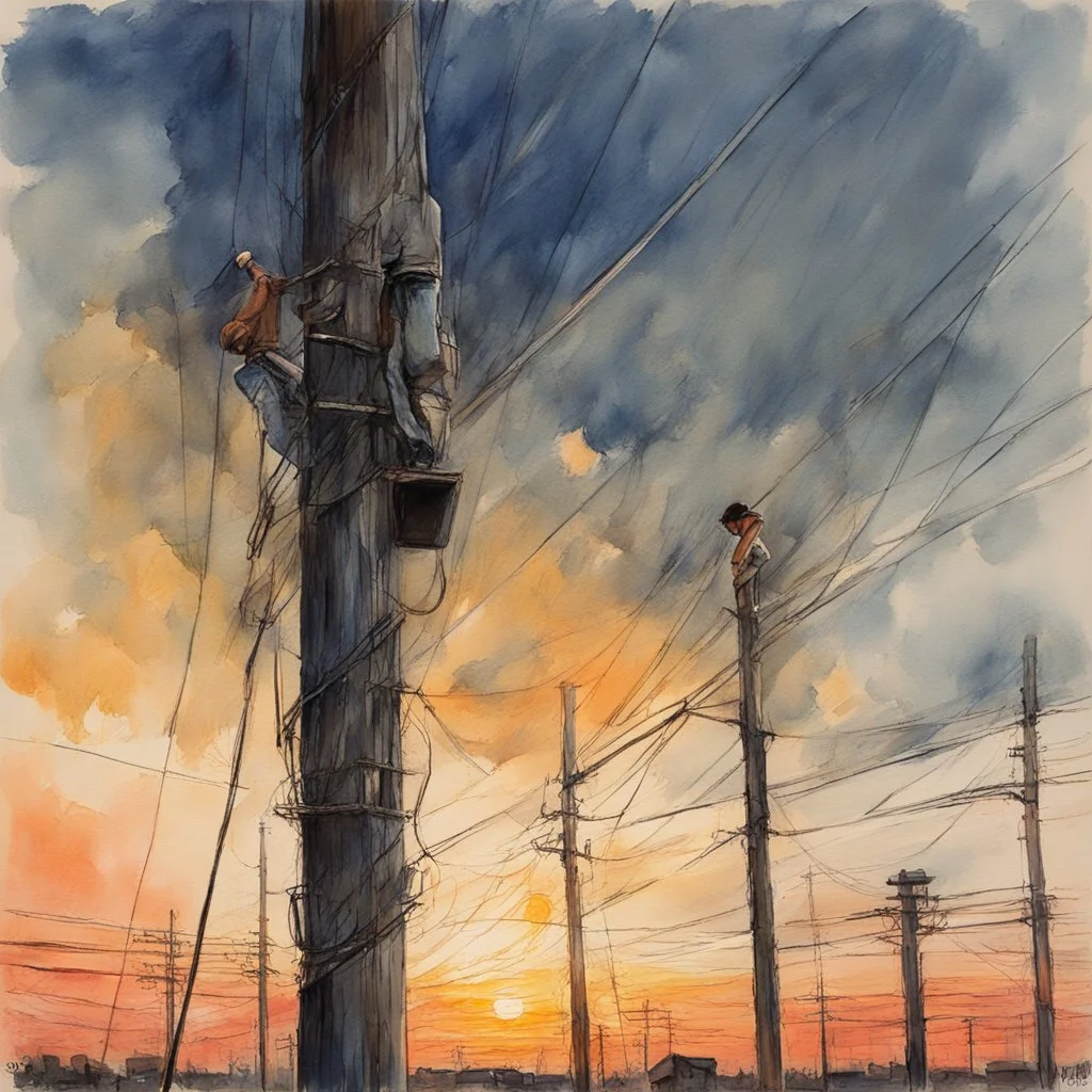 long shot perspective of Professional male electrical worker doing line work on a telephone pole at sunset, impressionism, watercolor and pen painting, medium brush strokes, dark background, depiction of light in in its changing qualities, dramatic, nostalgic, by Claude Monet and Bill Jacklin, dynamic diagonal composition, warm colors