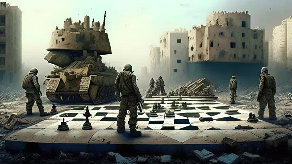 Israeli soldiers and tanks stand on a very large chessboard in the middle of a destroyed city