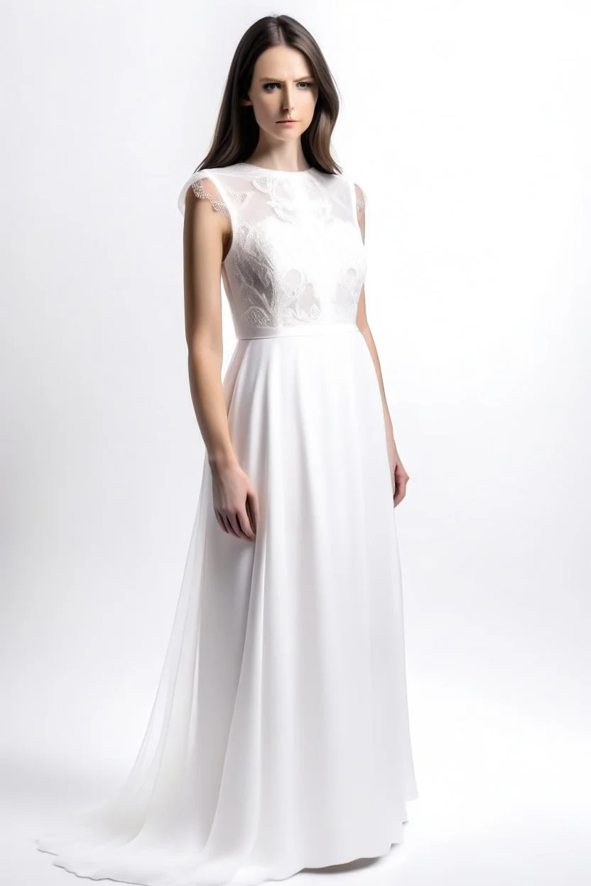 A very simple white wedding dress with an open lace at the top, with lace at the White background bottom.