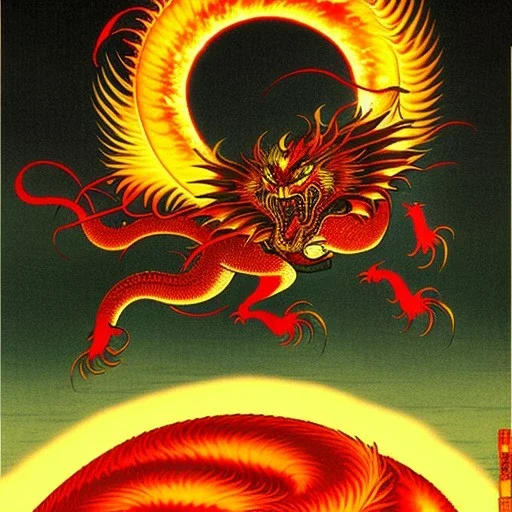 Ukiyo-e painting of a red dragon flying around a sun