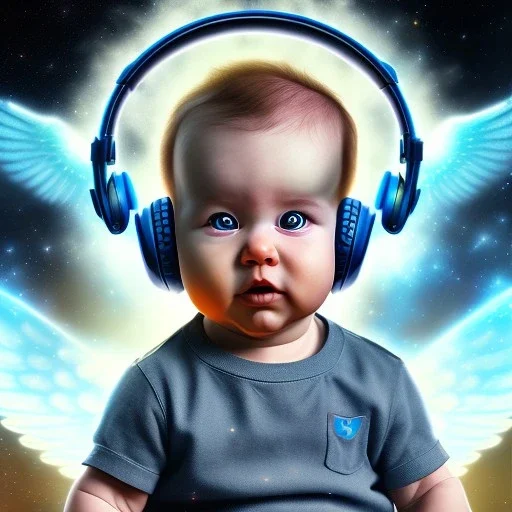 a happy human baby math genius called sander with hair,halo, wings, drinking, sitting in chair, photo realistic spray painting, unified theory background