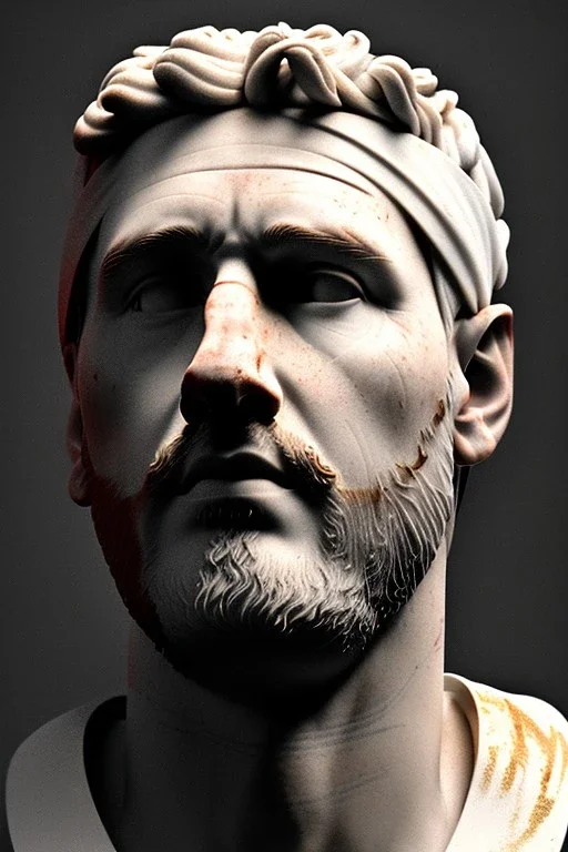 Ultra Realistic image, Roman sculpture bust, clean white marble material, Lionel Messi, gold crown of thorns, renaissance ornate, one gold star, blue sky background, waist up portrait, epic, cinematic lighting, god light, 4k resolution, smooth details, soft lighting, unreal engine 5, art station, substance 3d.