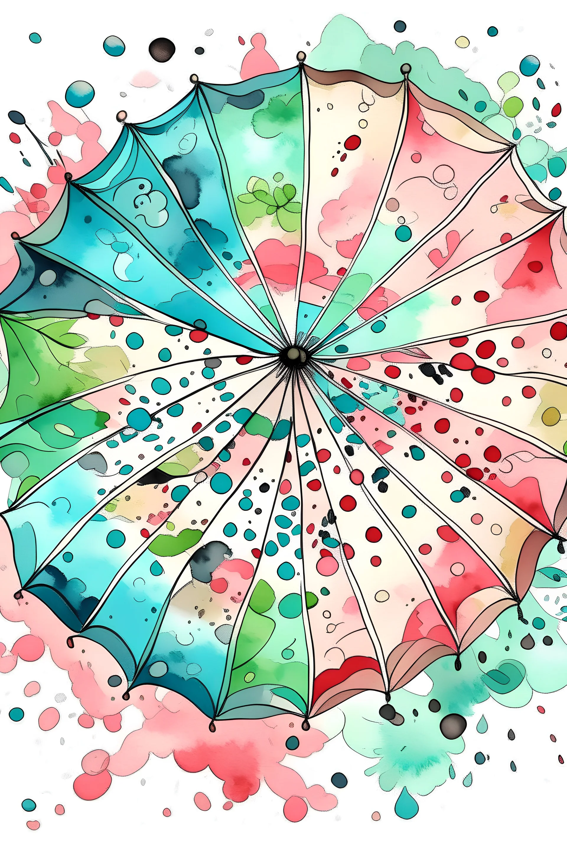 Ink illustration of Japanese umbrella with splashes of pastel watercolours, aerial view