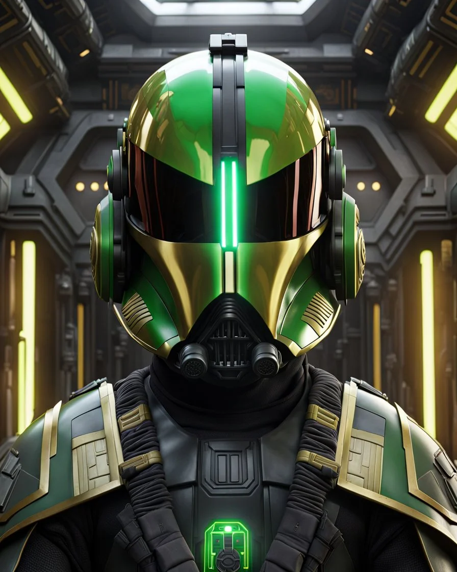 star wars bald male corellian pilot wearing black and bright gasoline green First Order special forces TIE pilot commando armored flightsuit and helmet with gold trim inside the jedi temple, centered head and shoulders portrait, hyperdetailed, dynamic lighting, hyperdetailed background, 8k resolution, volumetric lighting, light skin, fully symmetric details