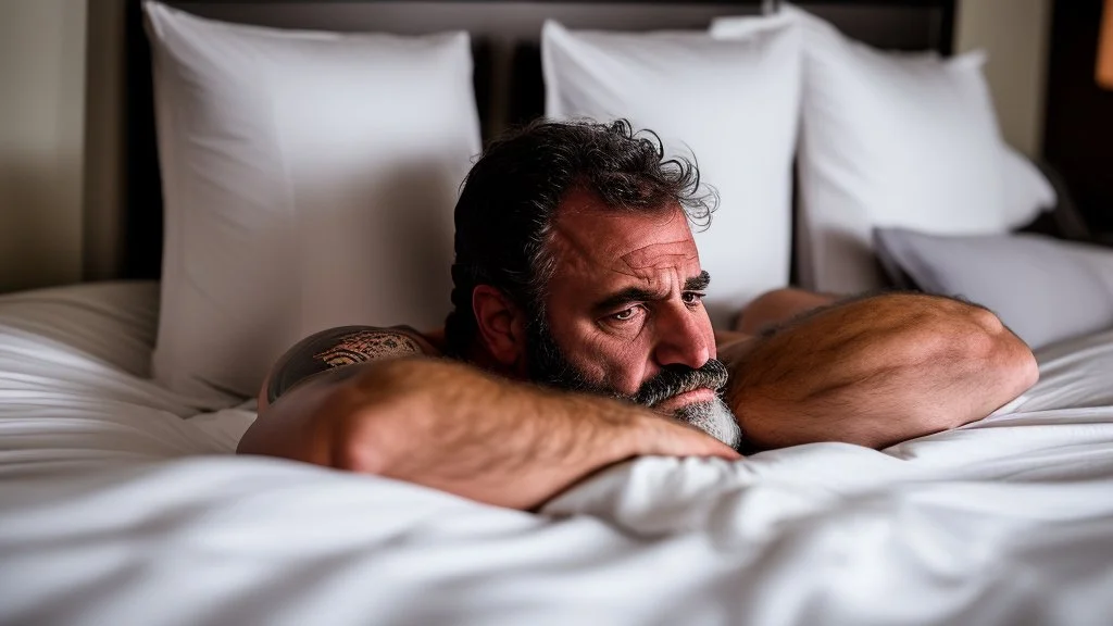 portrait photography of a serious 49 years old burly sicilian redneck, relaxing over the bed in underwear, head on the pillow, emotive eyes, manly hairy chest, bulge, into a dark modest and intimate hotel, midnight, photographic, Canon EOS, 35mm lens, dim top lights, 8K lateral view , ambient occlusion , dim light