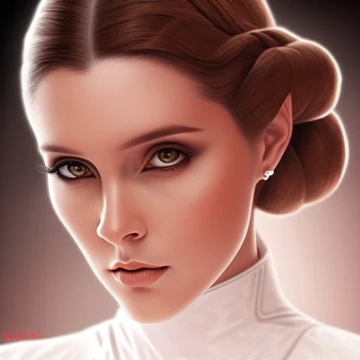 stunning half-body portrait photo of princess leia from Star Wars, hazel iris, wlop, artgerm, akihiko yoshida, and liang xing, detailed face, doe eyes, intricate braided hair style, symmetrical eyes, trending on artstation, highly detailed, white dress, dynamic pose, intricate outfit, space ship and galaxy background