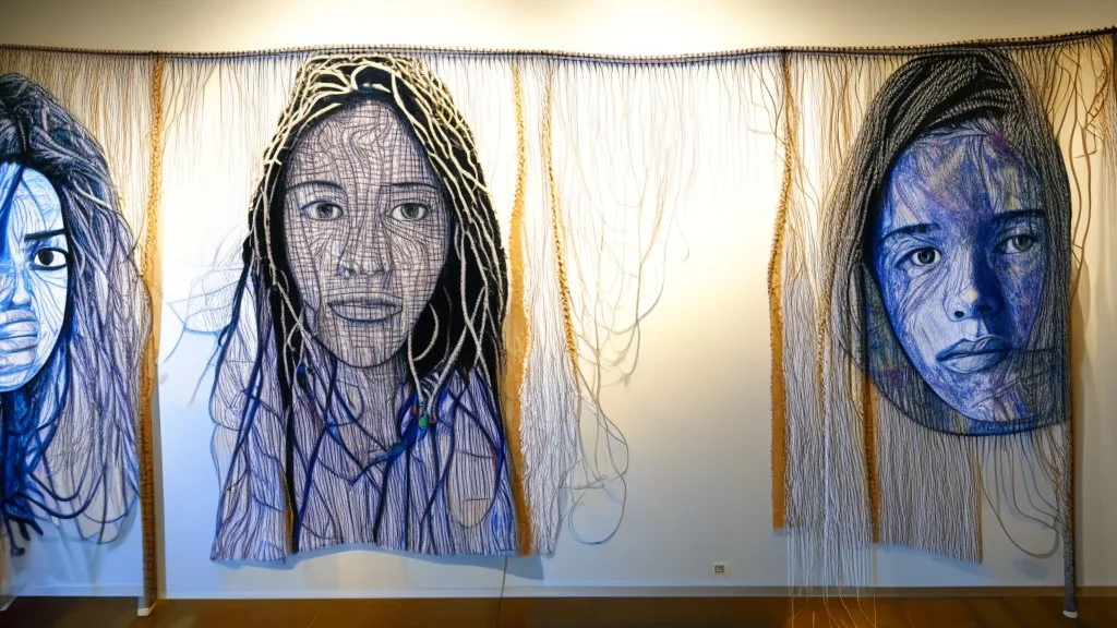 Using your 3 portrait as the centerpiece, create a large-scale fabric mural. Surround the portrait with a network of resilient and stretchy threads, symbolizing the challenges faced during addiction and the journey to recovery. Visitors can interact by gently tugging on the threads, emphasizing the importance of resilience in the healing process.