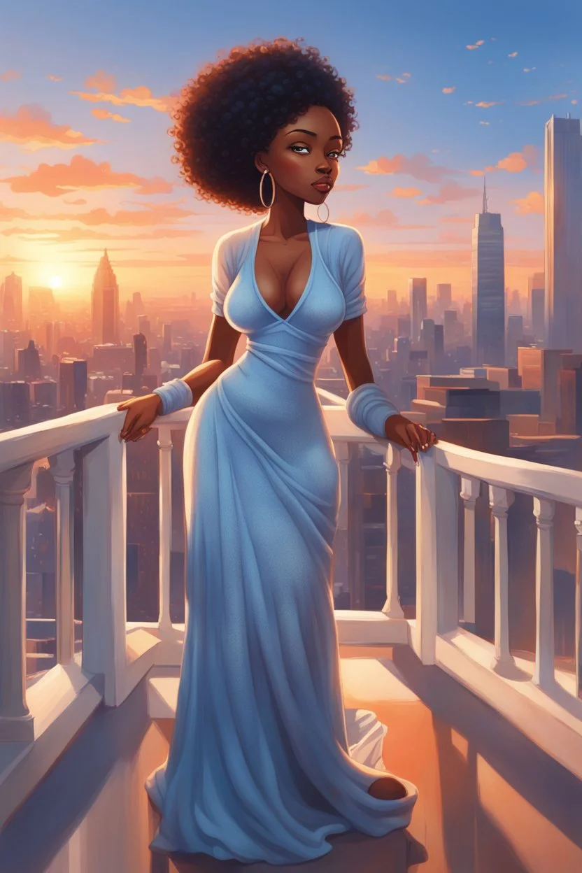 The scene opens onto a serene balcony overlooking a bustling city skyline. The sky above is painted in soft hues of blue and orange as the sun begins its descent, casting a warm glow over everything it touches. In the foreground stands a captivating figure, airbrush chibi cartoon curvy black woman exuding confidence and elegance. She is adorned in a flowing white knit maxi dress that hugs her curves in all the right places, accentuating her silhouette. Her choice of footwear is equally stunning