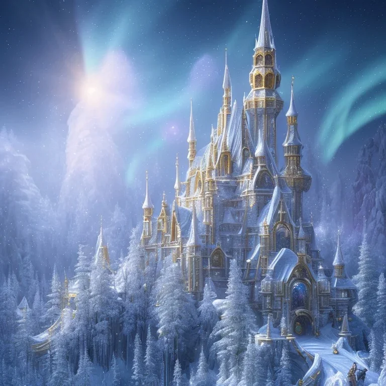  white and gold crystal castle，waterfall, winter snow flakessnow, northern Lights, full of details, smooth, bright sunshine，soft light atmosphere, light effect，vaporwave colorful, concept art, smooth, extremely sharp detail, finely tuned detail, ultra high definition, 4 k, unreal engine 5, ultra sharp focus