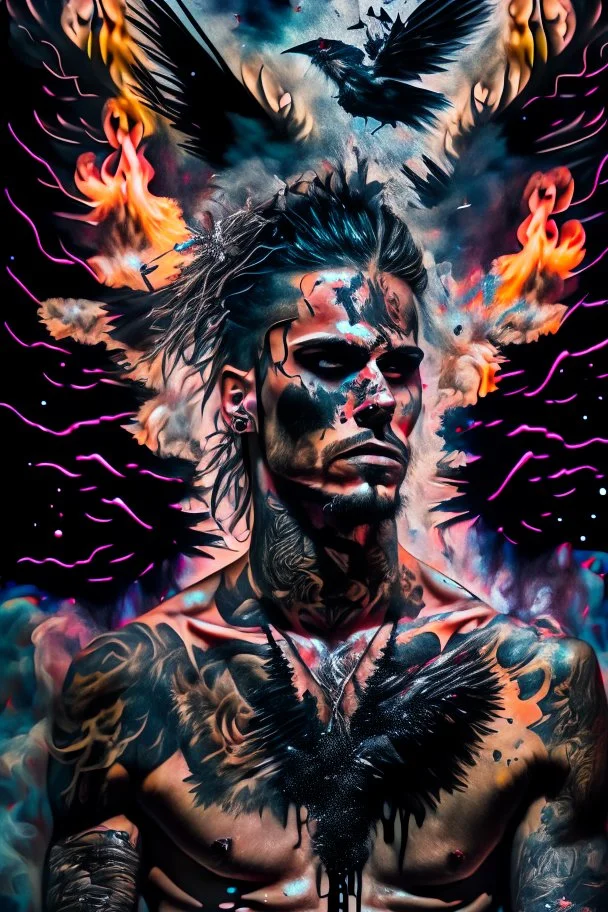 a surreal collage in ultra-realistic 8K quality depicting a tired and stressed man as the central focus, he is half naked and covered with trendy tattoos, huge black wings behind him, surrounded by an explosive array of distant smoke, ghostly figures, Barb wire and black feathers seamlessly coming together to form a unique display. Incorporate thick impasto-style oil paint spots in various areas to enhance the surreal and exceptional nature of the image