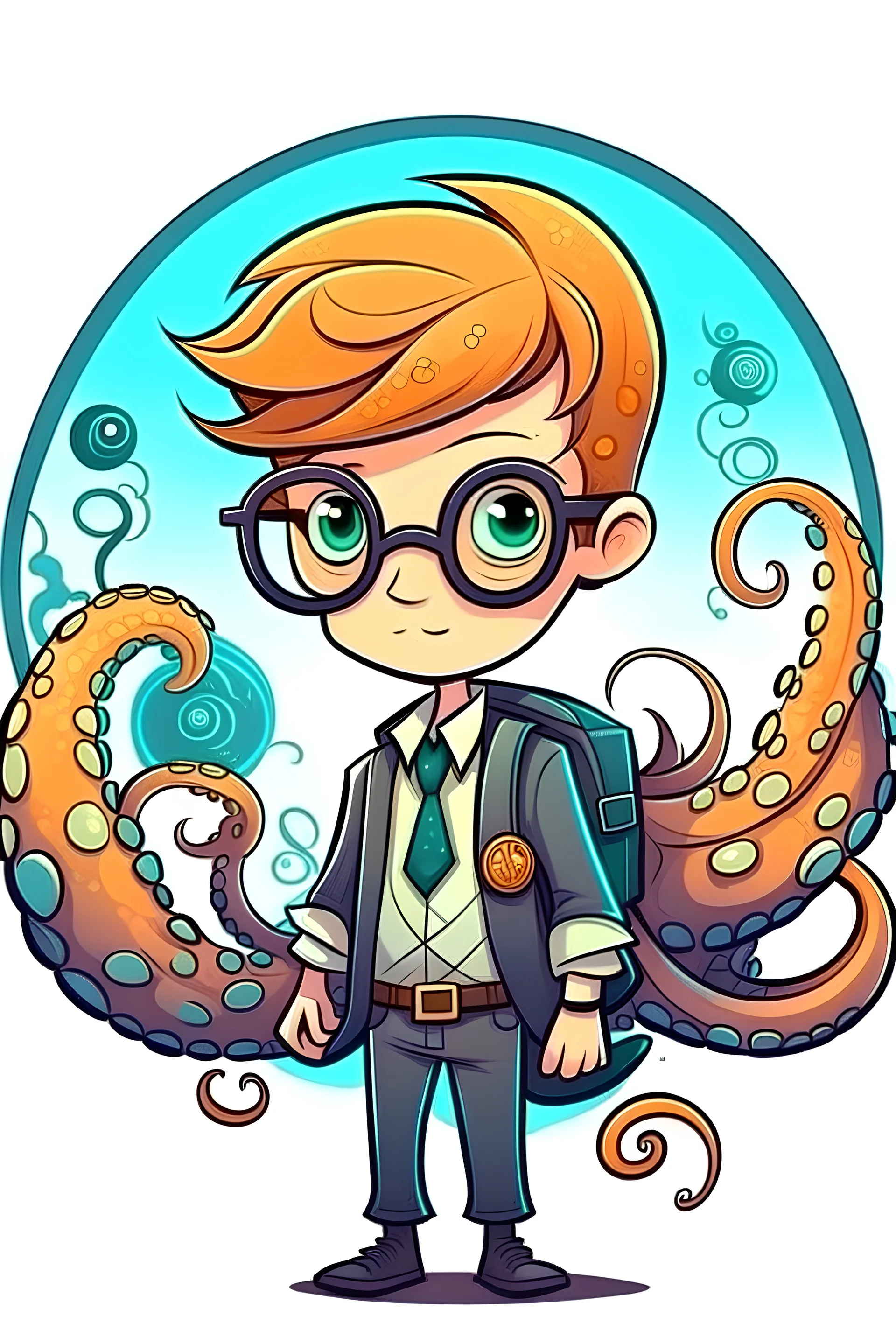 cartoon Hanna Barber style, of a fantasy young school boy octopus waring round glasses , and a back back