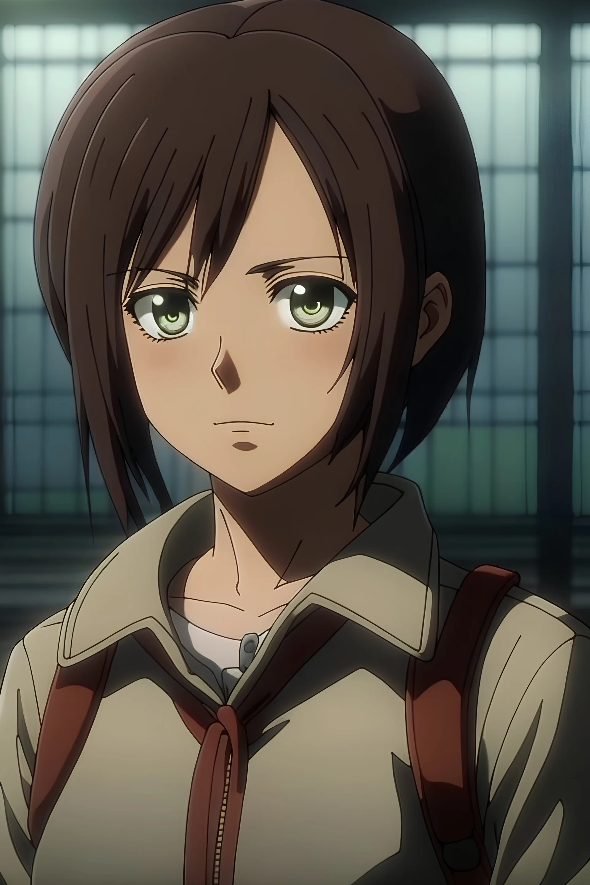 The character is a girl whose hair is very short, slightly scattered, red, black eyes while she is black from the anime. Attack on Titan