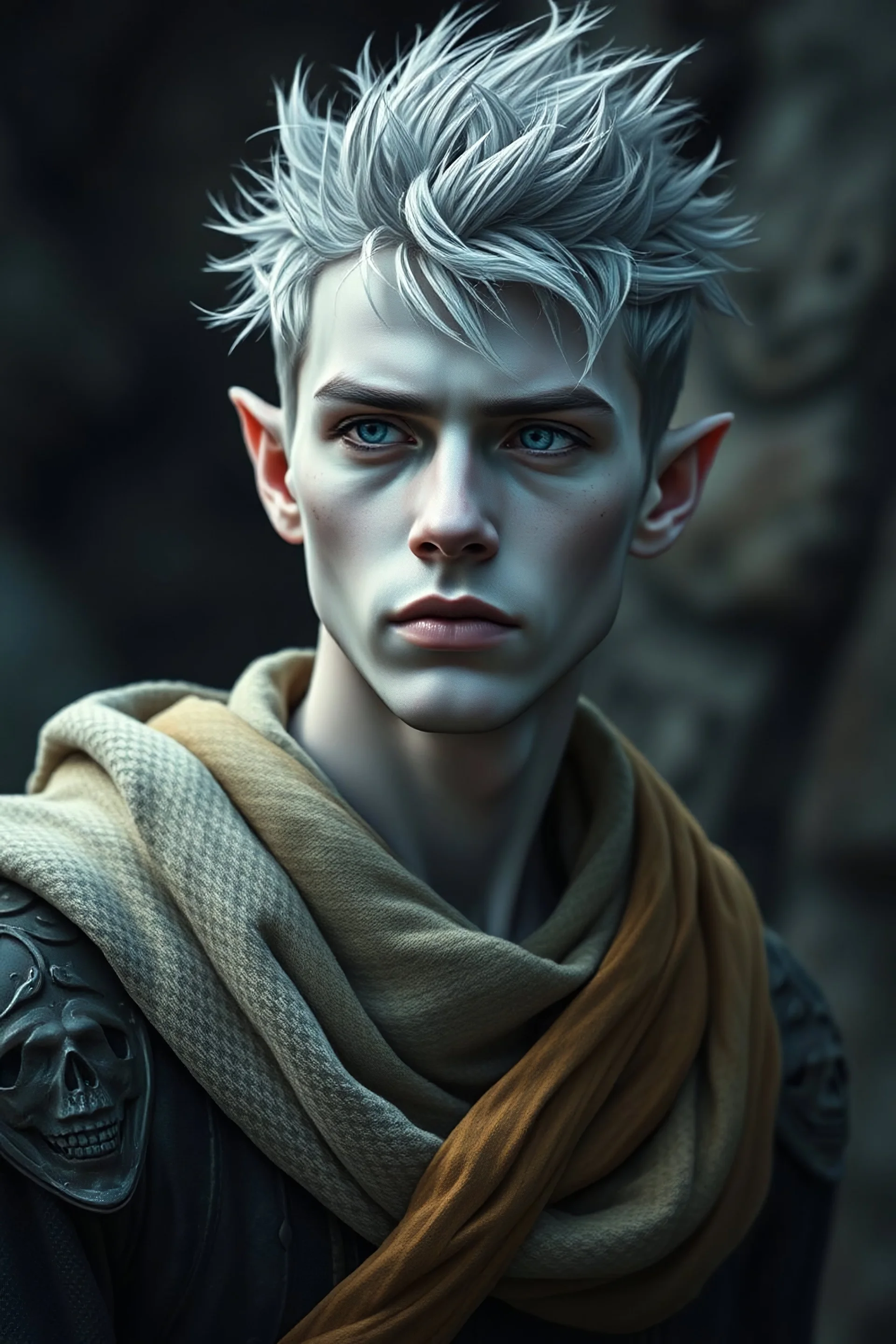 male, changeling, spiked grey hair, dnd, very pale skin