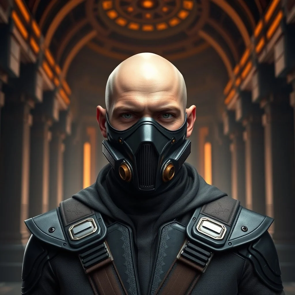 bald male corellian jedi wearing gunmetal grey and black old republic armored flightsuit and breath mask with gold and metallic red trim inside the jedi temple, centered head and shoulders portrait, hyperdetailed, dynamic lighting, hyperdetailed background, 8k resolution, volumetric lighting, light skin, fully symmetric details