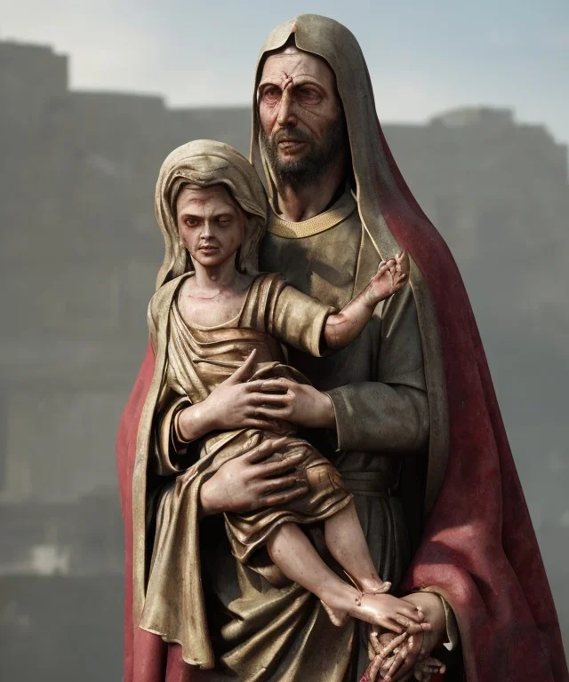 The Virgin Mary holds Christ in her arms, cries with blood, resident evil, resident evil, horor, photorealistic illustration, 8k