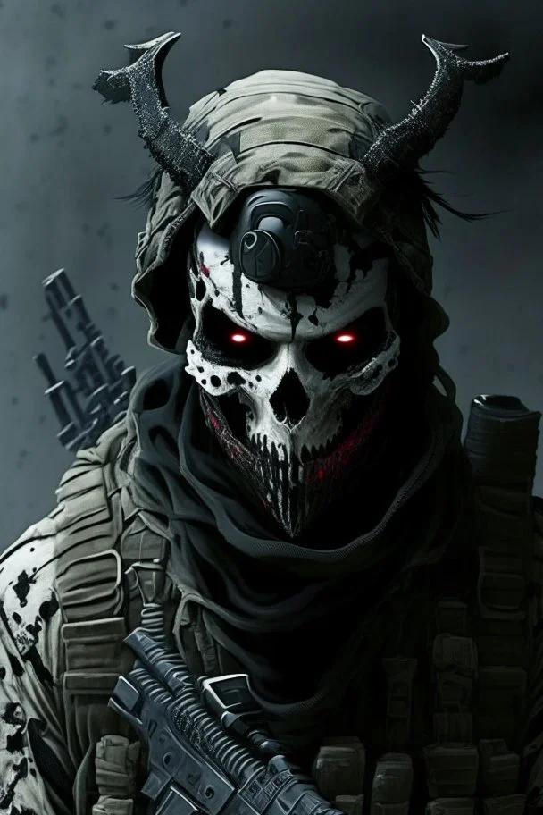 A soldier in the game modern warfare, he wears a skull mask with horns that covers his eyes. The lower half of his face is covered by a mask with a bloody fanged grin. He is a sniper, but can also run point. His call sign is Wraith. Couple