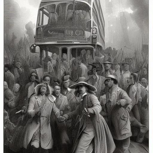 people riding a bus, Gustave Doré black and white illustration, detailed faces