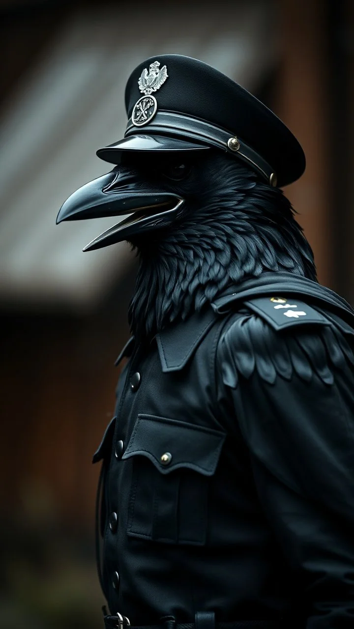 a crow wearing a black uniform, realistic , pro photography , high quality, and cinematic scene