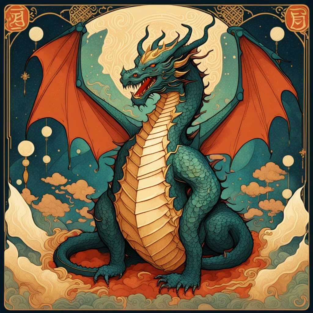 Bordered digital illustration of a Dragon Emperor by Victo Ngai. Art Deco, Tarot card, Hanafuda. High quality, masterpiece. Dungeons and Dragons.