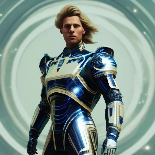 Full body ,Beautiful cosmic man, blue eyes, long blond hair, cosmic suit, galactic backdrop, soft lighting, hyper realistic, unreal engine 5, 16k