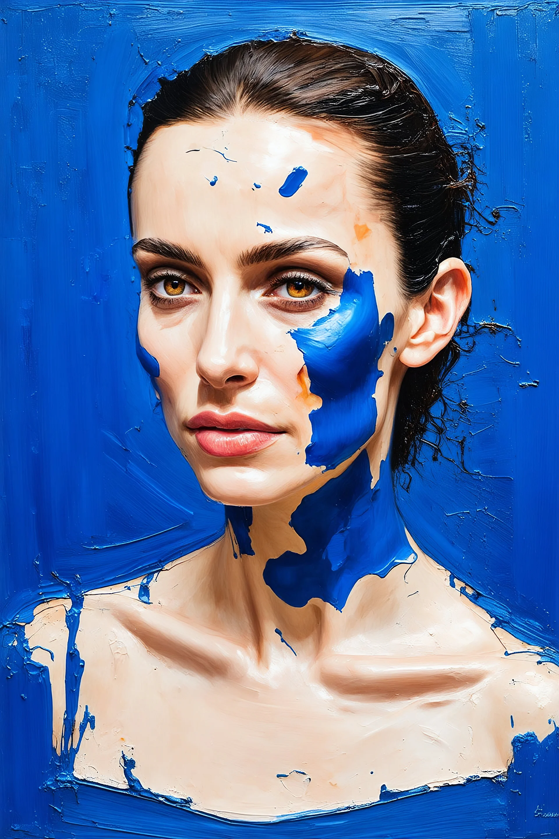 Blue paint spread onactress AngelinaJolie's face, in the style of egon Schiele paintings