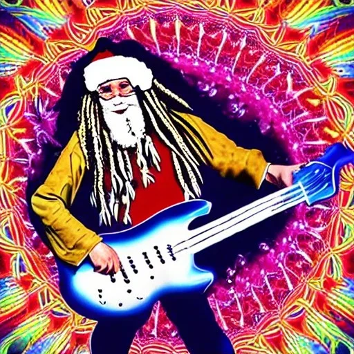 hippie Santa playing electric guitar, psychedelic, peace sign, MUSHROOMS, TRIPPY, ACID, LSD, dreadlocks