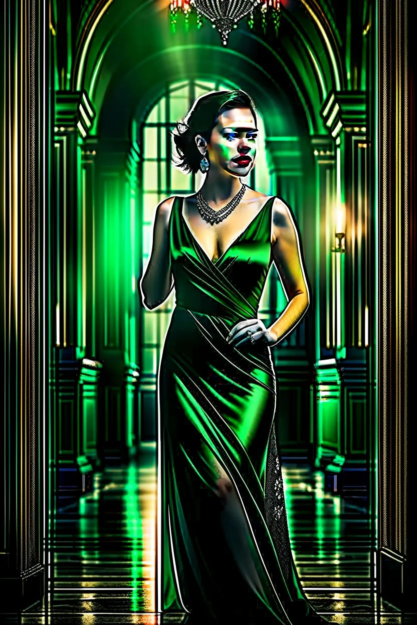 hyper realistic, ultra detailed photograph of a woman, happy, white gold jewelry, very nice dark green velvet dress ,standing fashion pose ,pretty high heels,full body shot,shiny, sunlight godrays, depth of field, HOF, hall of fame, detailed gorgeous face, apocalyptic environment, natural body posture, professional photographer, captured with professional DSLR camera, trending on Artstation, 64k, ultra detailed, ultra accurate detailed, bokeh lighting, surrealism, Thomas Kinkade background, urba