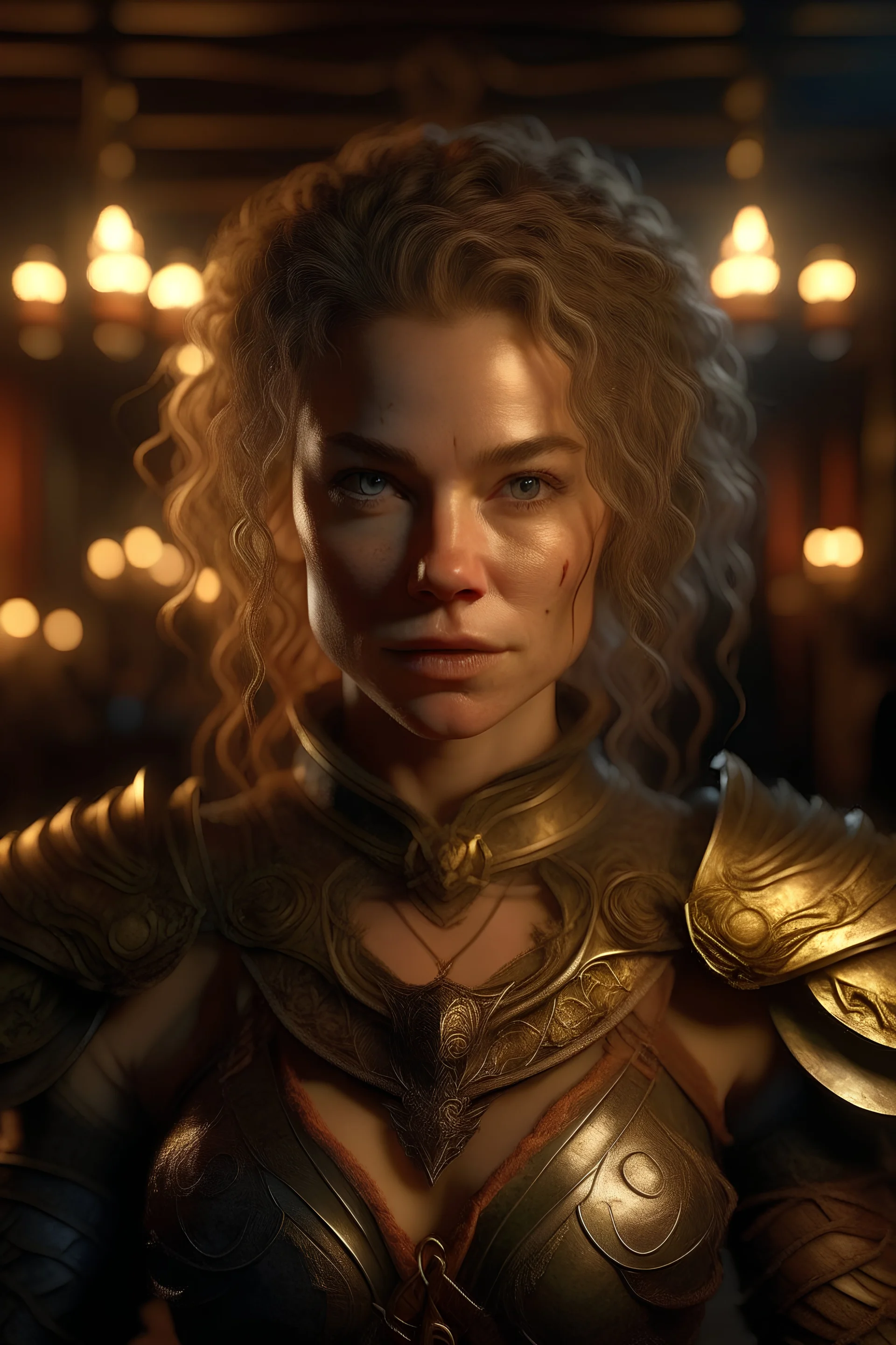 portrait of a beautiful middle aged female warrior princess, messy ashen hair, pale eyes, dressed in a revealing ornamented light plate armor, standing in a tavern, realistic, dim torch lighting, pale skin, petite, cinematic lighting, highly detailed face, very high resolution