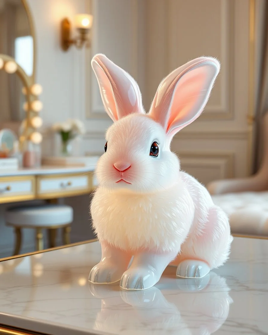 Generate image: Generate image: Generate image: A macro 3D render of a cute, lovely wooly Rabbit entirely of translucent, glossy,colored jelly material. it is sitting on table in a luxury bedroom next to makeup desk,subsurface scattering and gelatinous texture . High-quality CGI, octane render, 8k resolution, whimsical, adorable, clean composition., in the style of Portraits, in the style of Portraits, 4:3