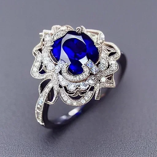 diamond and sapphire ring, art noveau, filigree, floral, breathtaking, highly ornate, delicate, intricate, photorealistic, high fashion, fine jewellery, luxury, designer