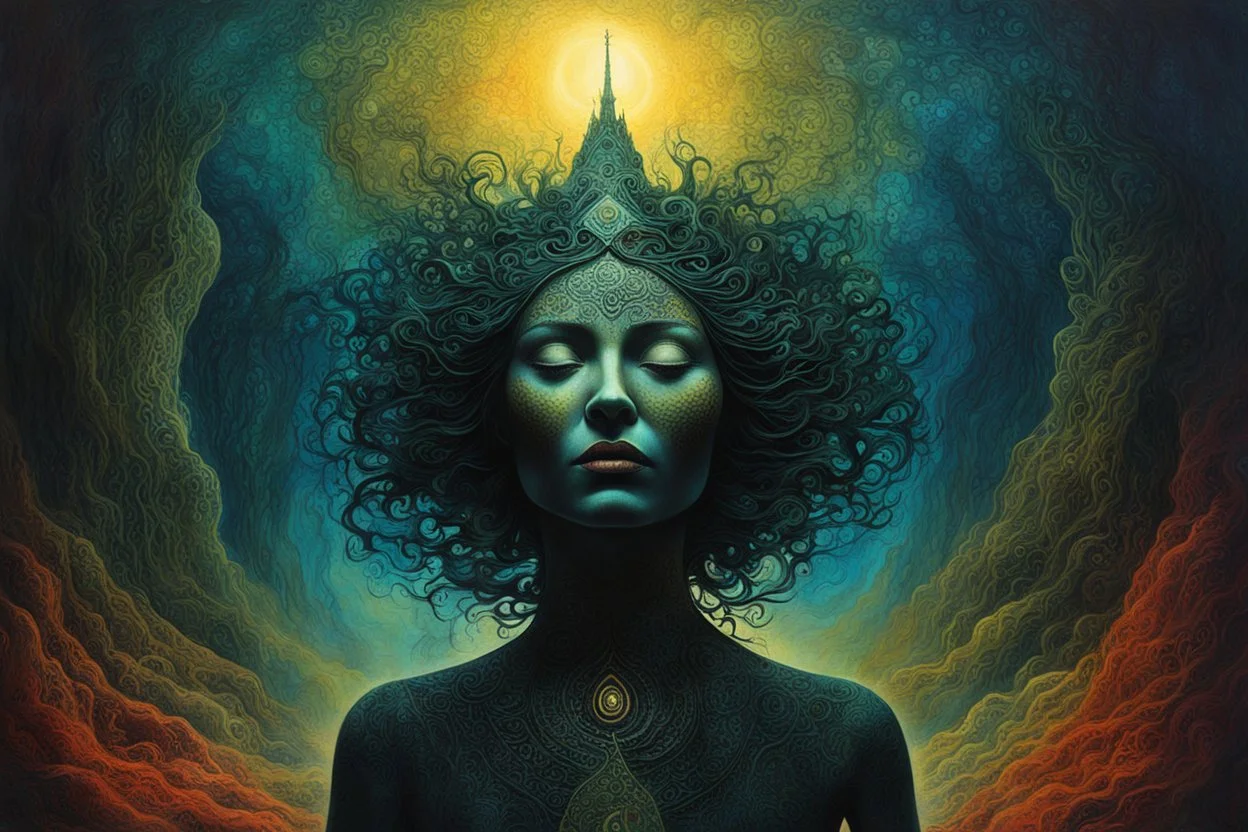 painting of a woman experiencing deeply surreal, ethereal, and hallucinatory visions during an ayahuasca journey into the realms of transformative and expanded consciousness, highly detailed in the style of Bill Carman and Zdzislaw Beksinski, sharply defined and detailed, 4k in dark moody natural colors