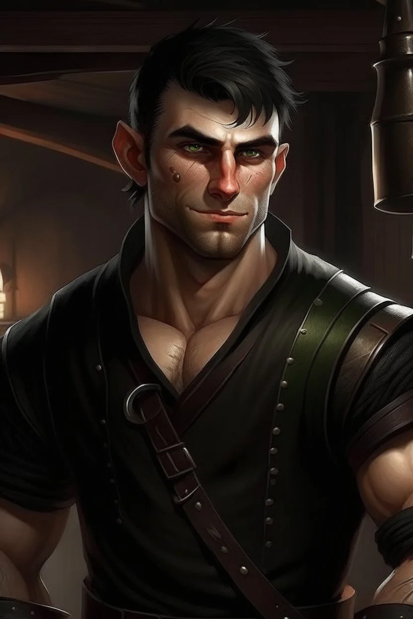 strong young half orc male who works at a tavern with short hair realistic wearing black clothing