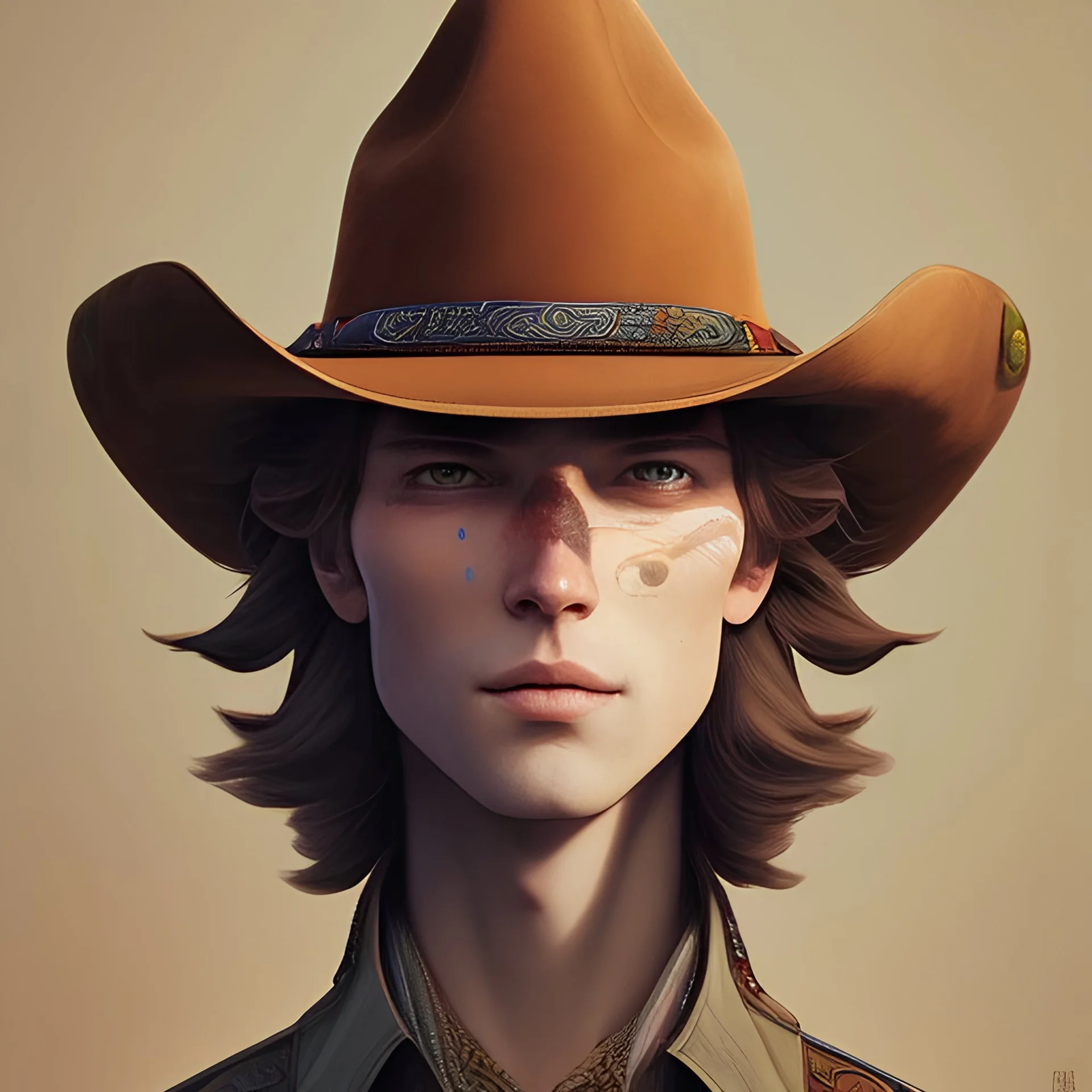 cowboy sherif face hat.intricate detail,.style by hayao miyazaki, by andrea bonelli,by Kilian Eng,by Ohrai, .