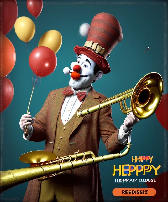 happy old friendly clown with round head and trimmed beard playing jazz with a steampunk theme, trumpet on mouth, circus,dreamy