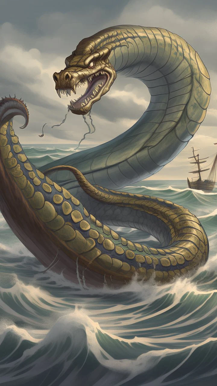 A giant Anaconda attacking a bigger than a sailing ship in the ocean among the wave