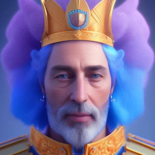 A portrait of a crystalised blue pink king, gold, sunny background, atmospheric, realistic, unreal engine, 8k. Cinematic lighting, octane render.