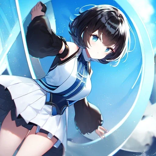 Clear focus,High resolution, Black short fluffy hair, and blue eyes, wearing a light blue sleeveless shirt with vertical stripes, black cut sleeves, wearing long black boots, wearing a white short skirt