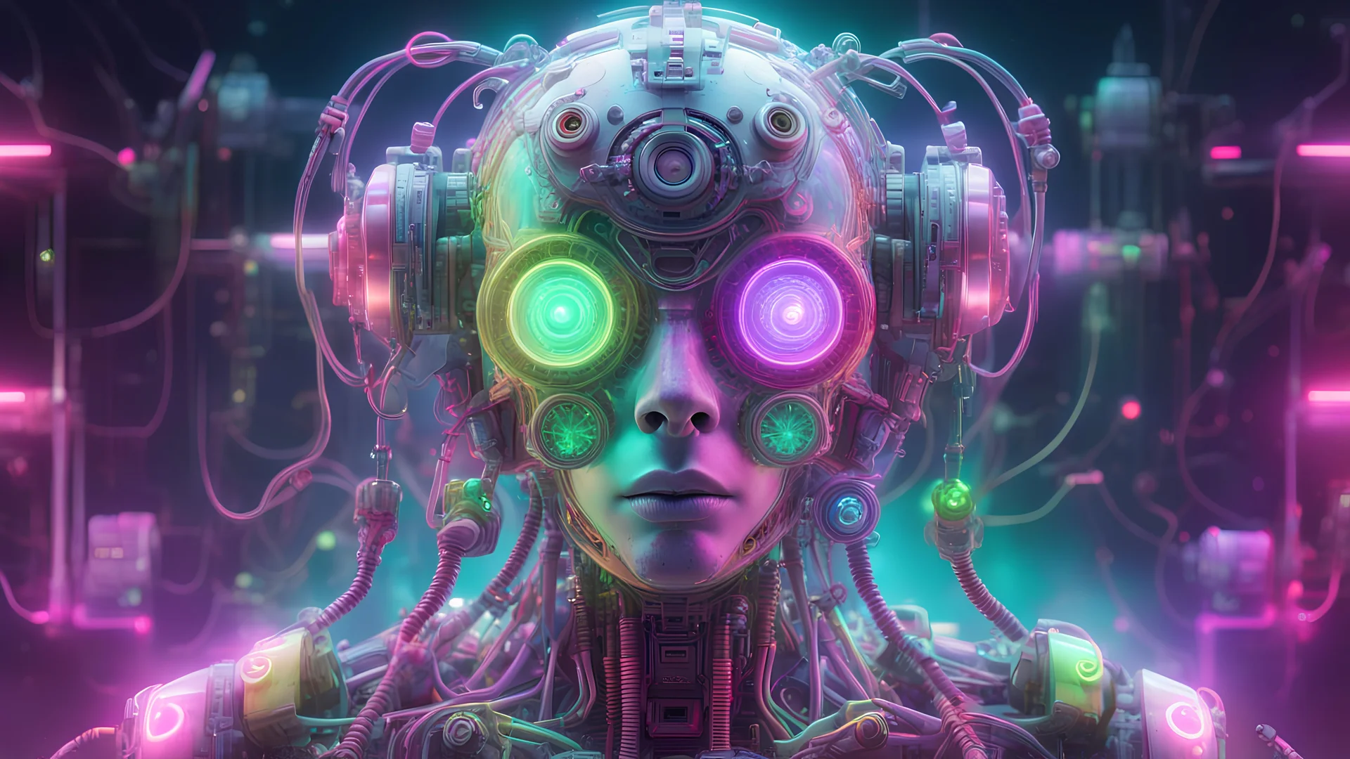 A mystic hi tech cyborg made of titanium, wires, cogs and transparent glass tubes in a nebula that has neon punk pastel colors that are glowing and are resembling colorfull toxic fumes of all colors, UE5, hyper detailed, fantasy