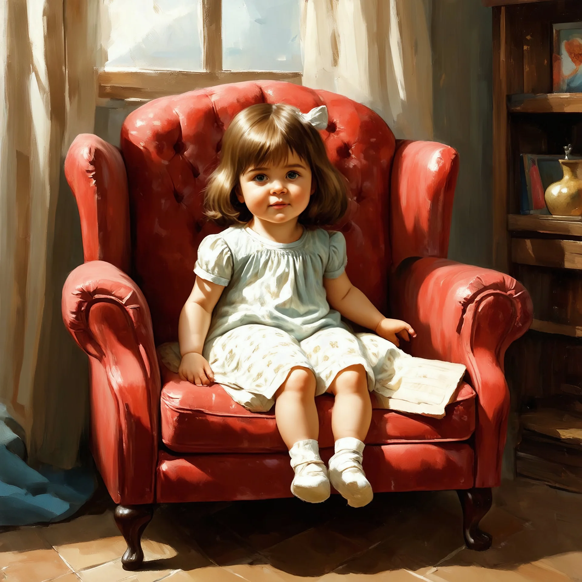 Illustration of Marcel Marlier, à little girl in an armchair