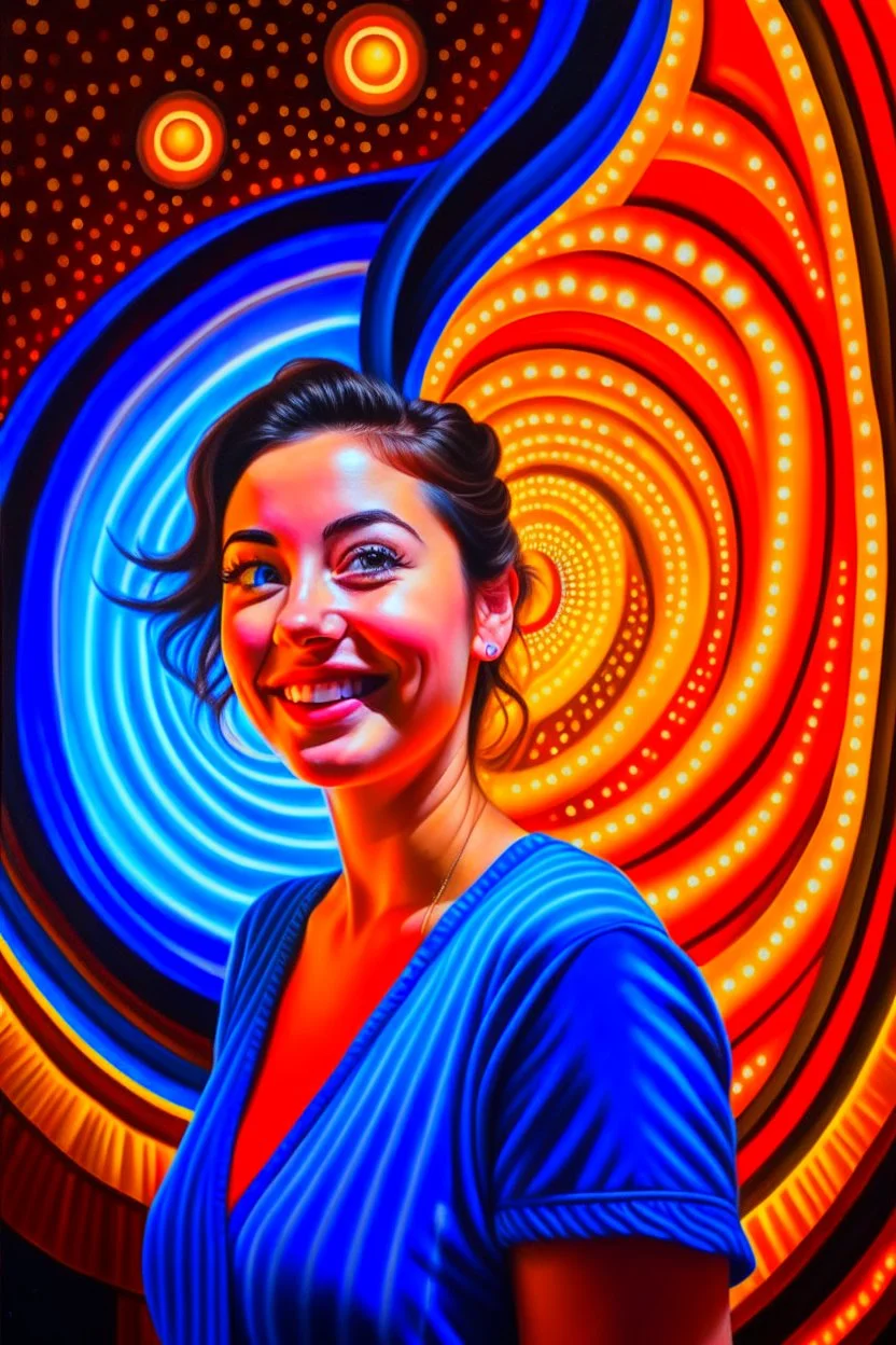 awake inside a game show, woman smiling online in the style of a master italian painter, spray paint, photo realism, trending on art station, 8k, depth of field, down light, light rays, volumetric, reflective spiral staircase, blue, yellow, golden brown and orange